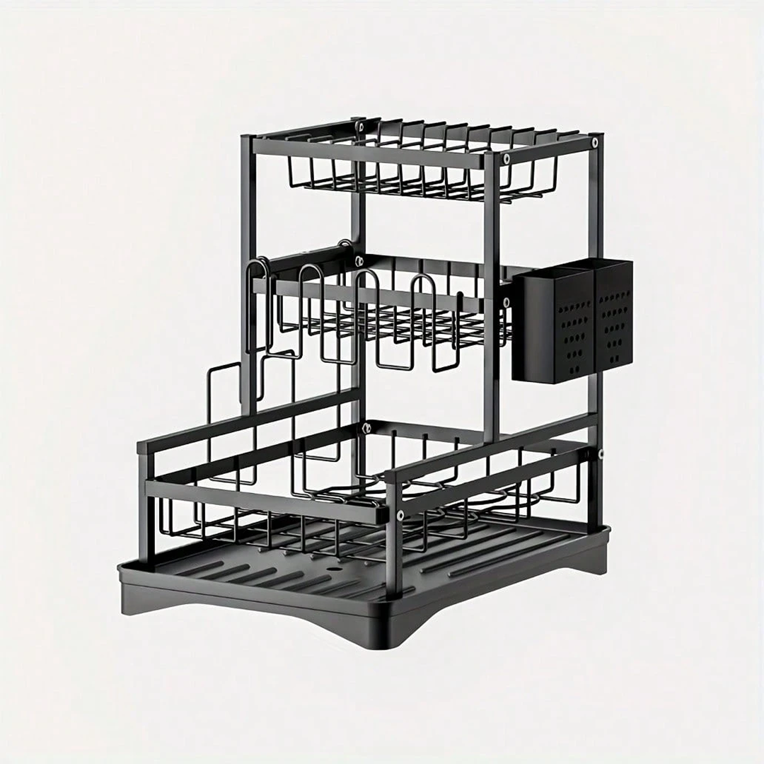 Suport Uscator Vase Bucatarie 3 Niveluri | Tava Scurgere Rotativa 360° Extensibila | Suport Pahare Universal | Suport Tocator si Tacamuri | 43x30.5x43.5cm | Metal Negru