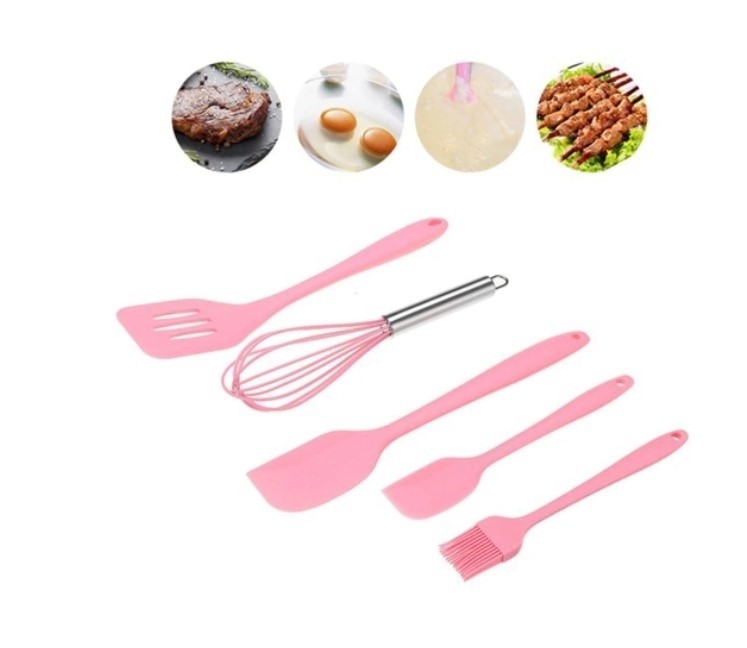Set 5 ustensile de bucatarie din silicon termorezistent, tel, pensula, spatula mare, spatula mica, paleta, roz,Aden