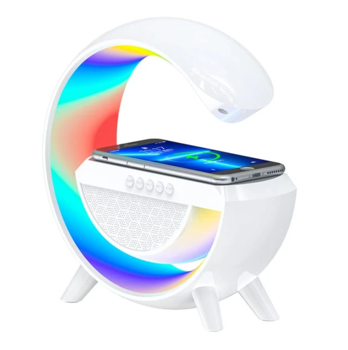 Lampa Smart LED RGB si Incarcator Wireless 15W, Lumini Ambientale, Sincronizare muzicala, Difuzore 3W, Bluetooth