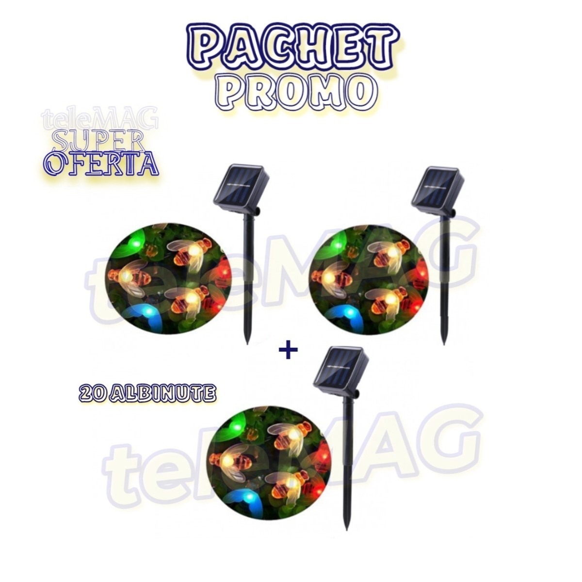 Pachet Promo: Set 3 Instalatii Cu Incarcare Solara, 20 de albinute Alb Cald