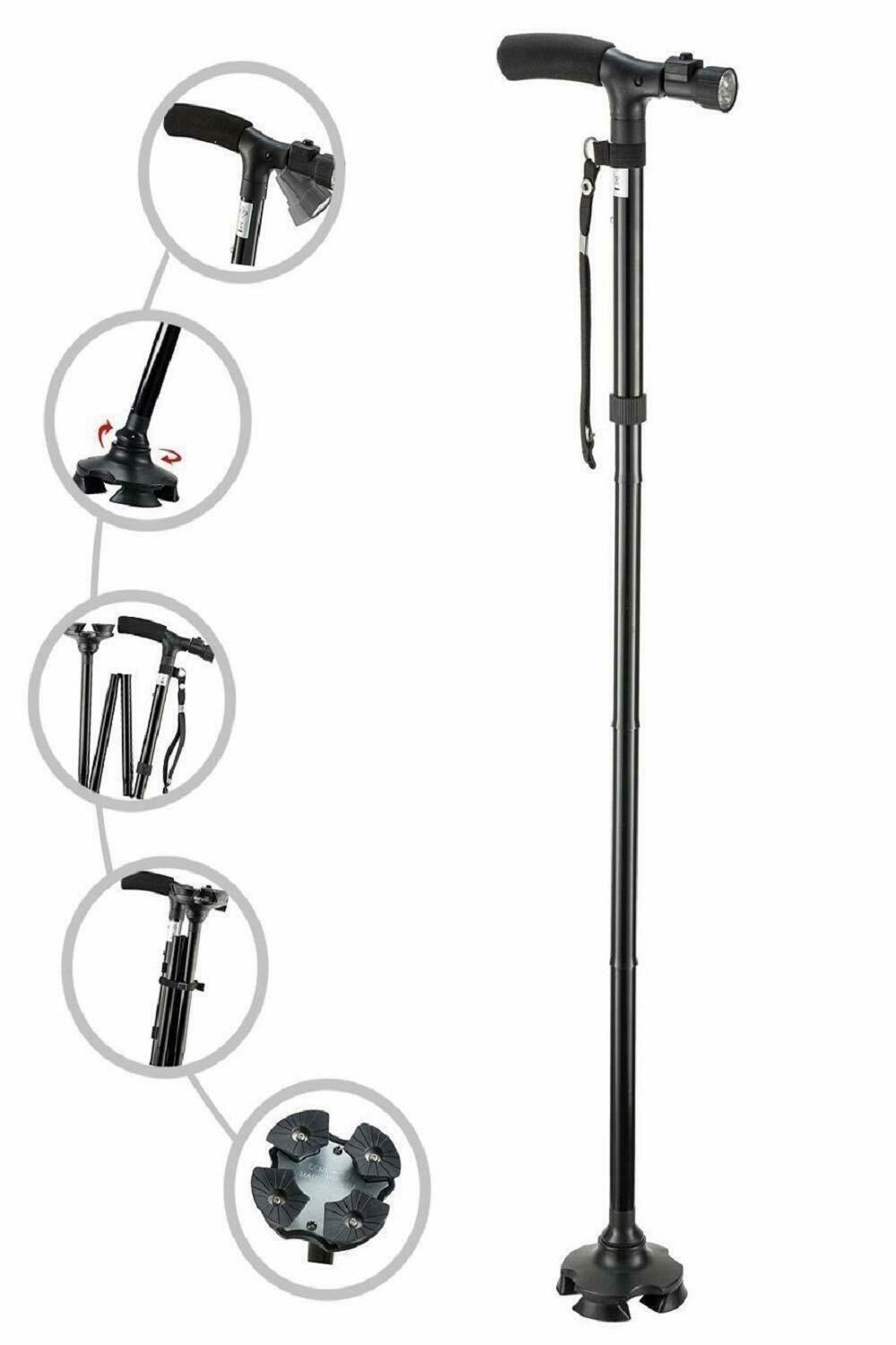 Baston telescopic de sprijin pliabil cu lanterna si pivoti stabilizatori
