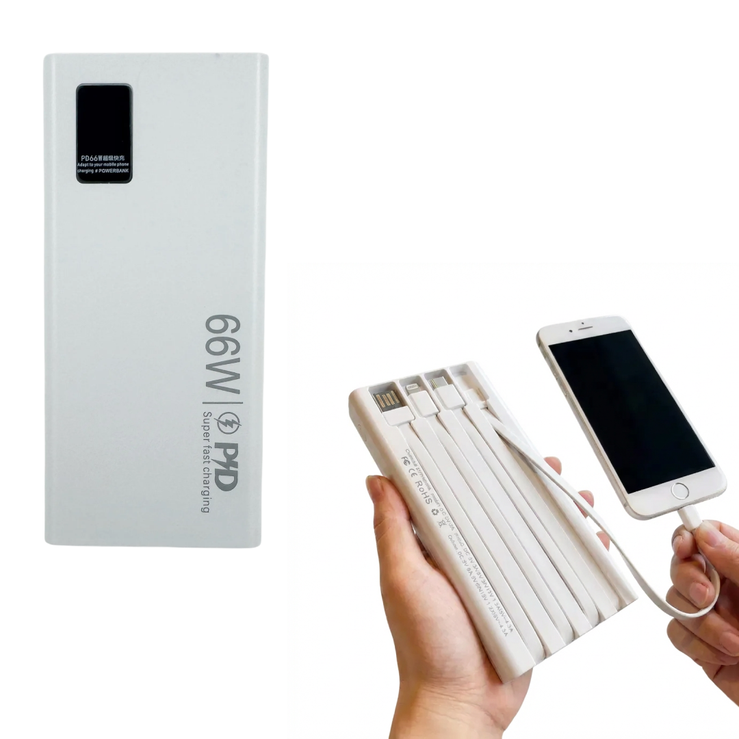 Power Bank 66W 20000mAh Cu 4 Cabluri Integrate | PD + QC 3.0 | Baterie Externa Afisaj LED | Incarcare Rapida Dispozitive Mobile | Alb
