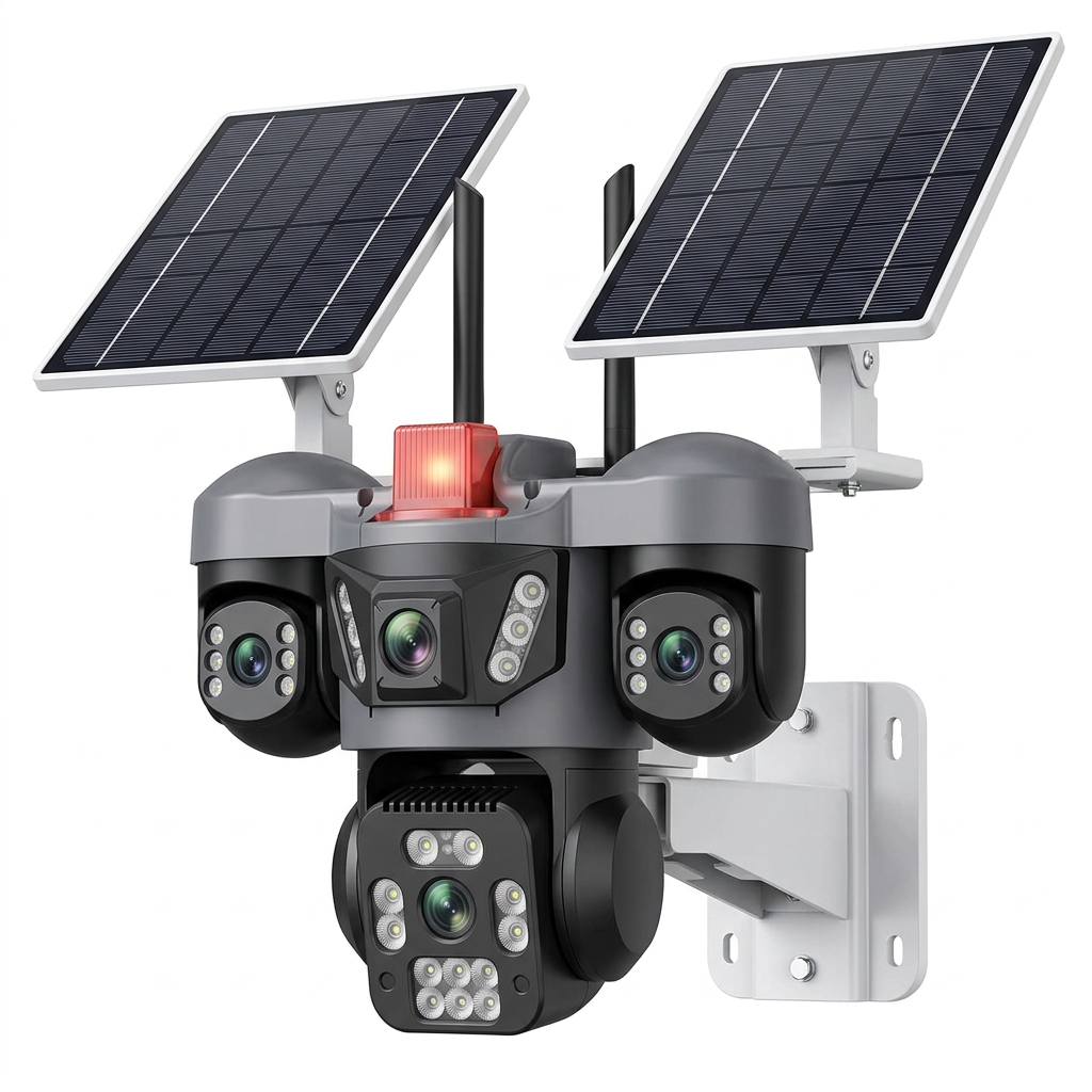 Camera Supraveghere WiFi Solara Triple-Lens 12MP | Vedere Panoramica 360° | Card Cadou | 2 Panouri Solare | IP65 | Sirena si Alarma