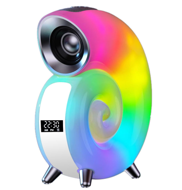 Lampa RGB forma de cochilie, cu ceas cu alarma, lumina si sunet, difuzor Bluetooth