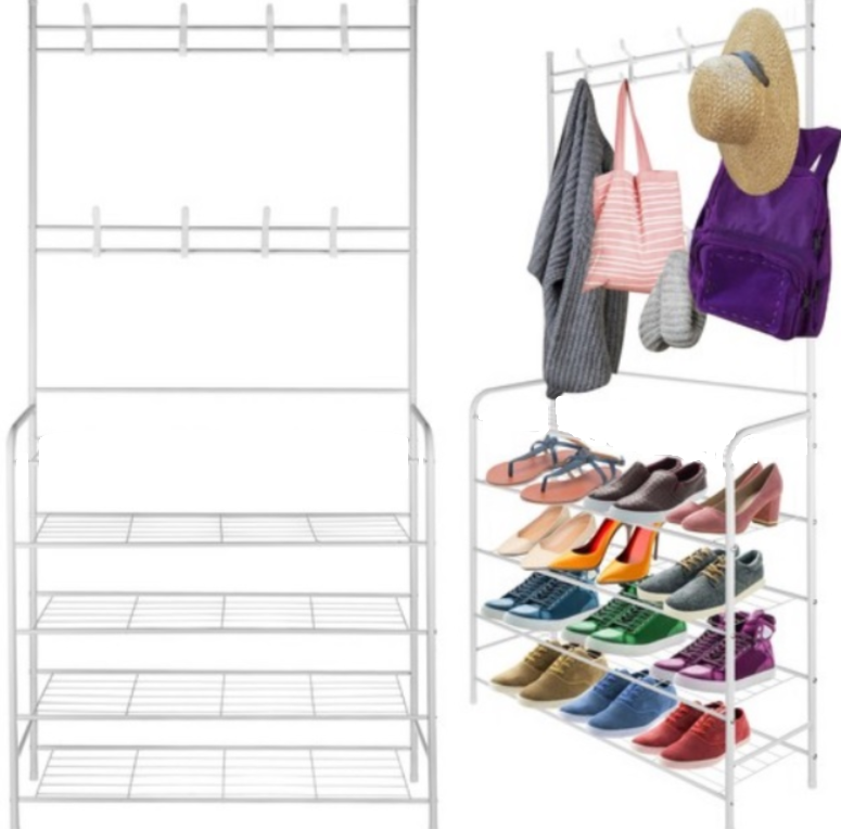 Cuier haine cu suport pantofi, 4 rafturi, 60 x 26 x 170 cm