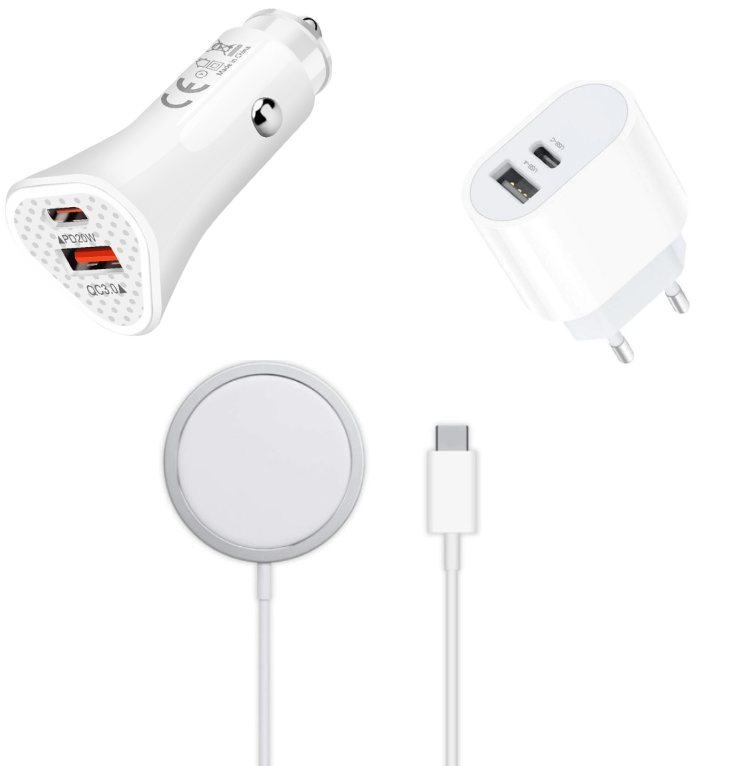 Pachet Promo : Incarcator wireless magnetic, Fast Charge + Adaptor priza USB type A , USB type C + Adaptor auto Fast Charge, port USB Type C