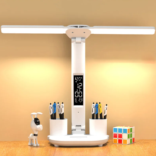 Lampa de birou LED cu suport de pixuri, afisaj temperatura, ora, data, 3 moduri si 5 intensitati, pliabila,