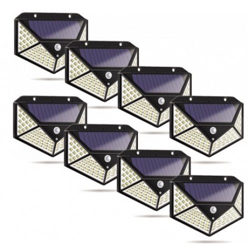 Set 8 x Lampa cu Incarcare Solare, Senzor de Miscare, 3 Moduri de Iluminare, 100 LED, Prindere pe Perete