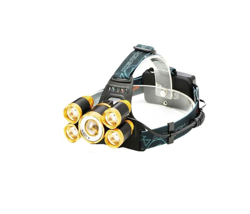 Lanterna cu 5 LED-uri, 8000 lm, Rezistenta la apa, 2 baterii, 28650 mAh, aliaj aluminiu, Negru/Auriu Aden