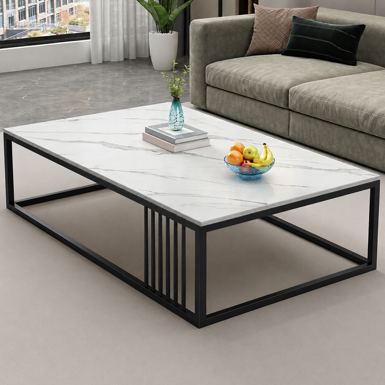 Masuta de cafea dreptunghiulara ADEN, minimalista, design ultramodern scandinav, aspect marmura alba cu rame negre, 120x60x43cm