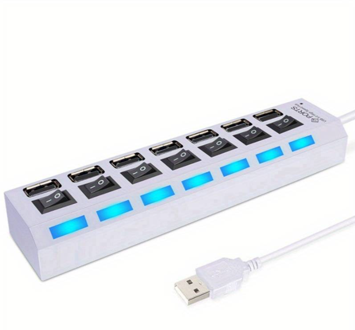 Hub USB 2.0 cu 7 porturi USB, butoane on/off, adaptor