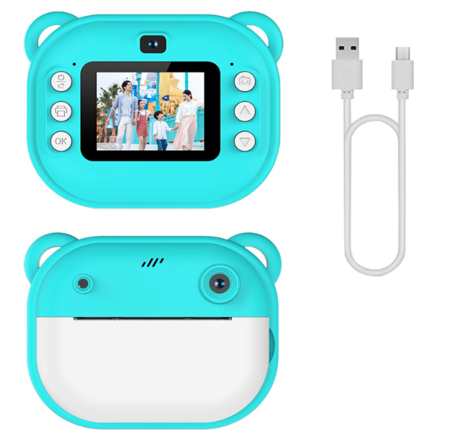 Camera foto digitala cu imprimare termica, pentru copii, display color de 2,4 inch, 1080P Full HD, Turcoaz