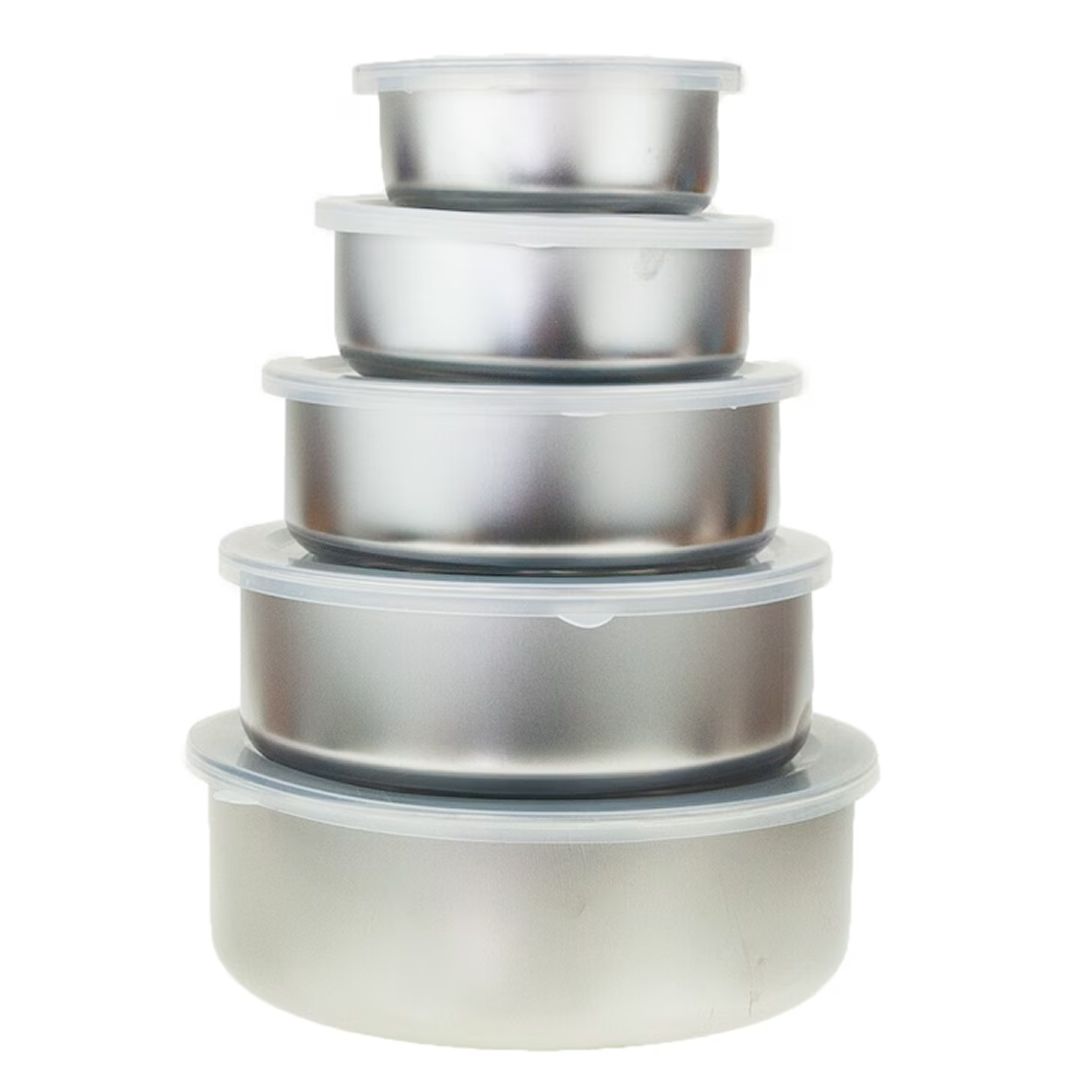Set 5 Recipiente Otel Inoxidabil cu Capac Transparent | Alternativa Ecologica la Plastic | 10-18cm | Picnic, Calatorii si Organizare Bucatarie