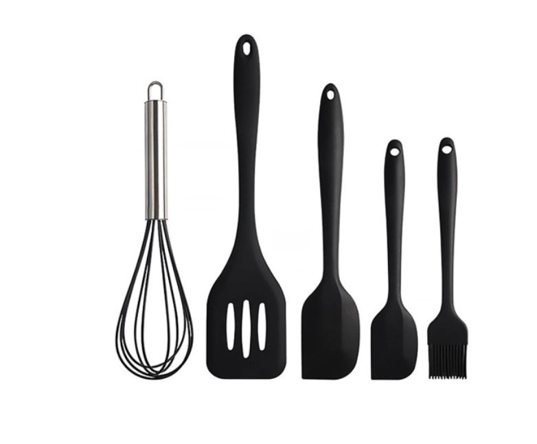 Set 5 ustensile de bucatarie din silicon termorezistent, tel, pensula, spatula mare, spatula mica, paleta, negru, Aden