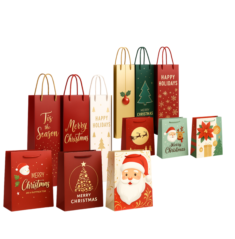 Set 24 Pungi Cadou Crăciun | 12 Pentru Sticle (36x12cm) + 12 Pungi Cadou (23x18cm) | Modele Festive de Sărbători