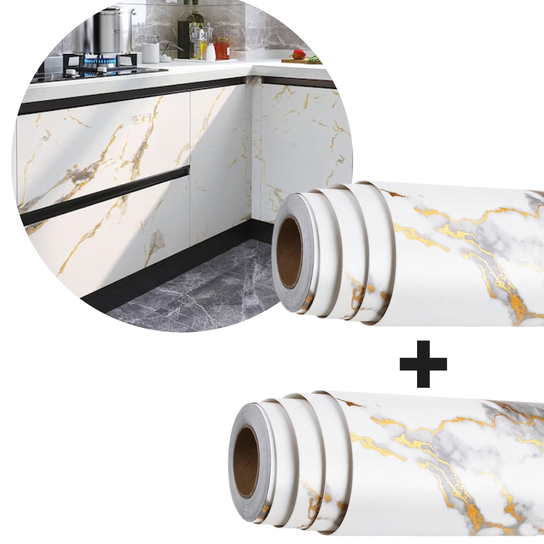 1+1 PROMO Tapet Autoadeziv 3D Tip Marmura | 300x60 cm | Waterproof | Adeziv Puternic | Alb Cu Auriu