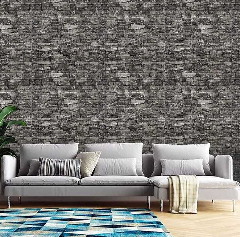 Set 10x Tapet 3D Autoadeziv, Design Caramida In Relief Gri/Negru, Rezistent La Apa, Usor De Curatat Dimensiuni 70x77cm