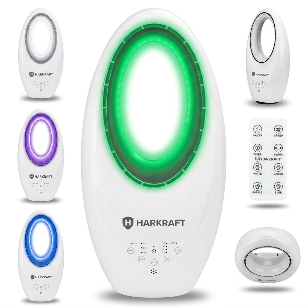 Ventilator Fara Palete Oval cu Lumina LED RGB | Telecomanda | 3 Viteze | Oscilatie 90° | Timer | 60W | 57.2x29.2x18cm | Sigur pentru Copii
