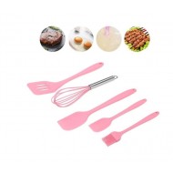 Set 5 ustensile de bucatarie din silicon termorezistent, tel, pensula, spatula mare, spatula mica, paleta, roz,Aden