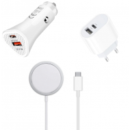 Pachet Promo : Incarcator wireless magnetic, Fast Charge + Adaptor priza USB type A , USB type C + Adaptor auto Fast Charge, port USB Type C