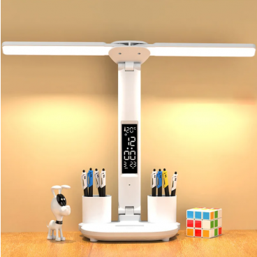 Lampa de birou LED cu suport de pixuri, afisaj temperatura, ora, data, 3 moduri si 5 intensitati, pliabila,